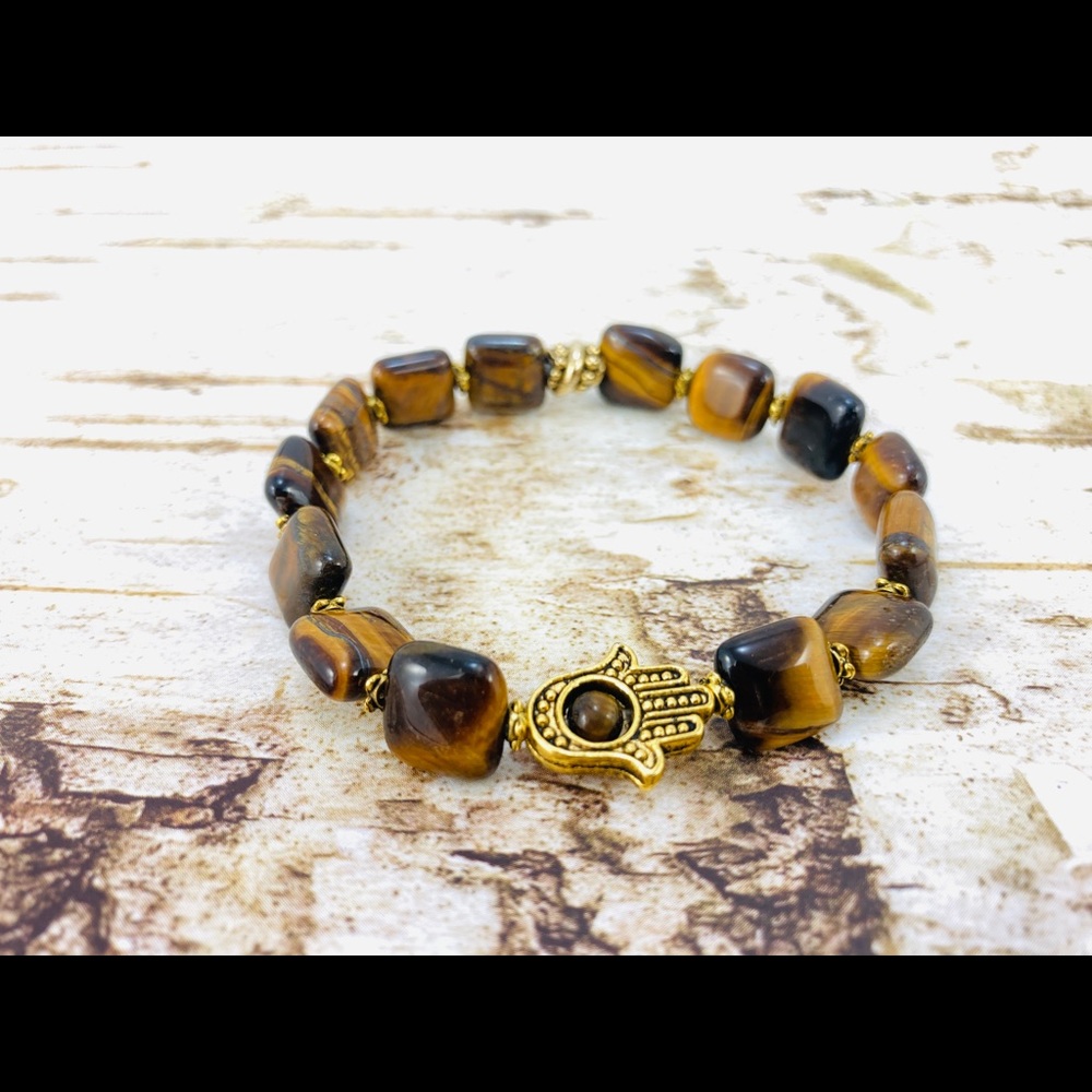 Hamsa Tiger's Eye Stretch Bracelet, Handmade, Antique Gold - Picture 9 of 9